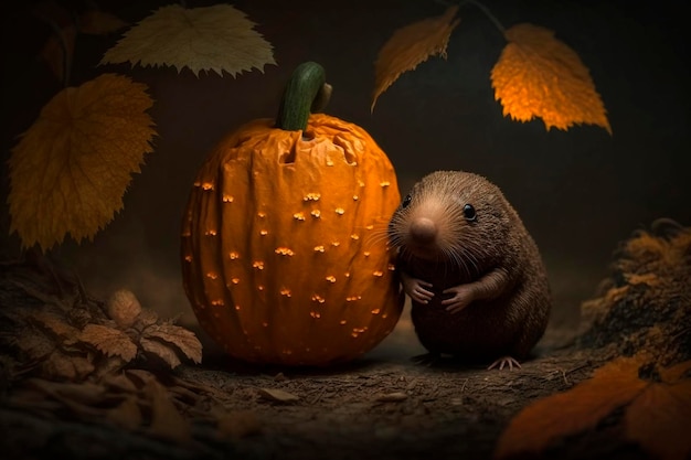 Illustratie Grappige mol met Halloween Pumpkin AI gegenereerde inhoud