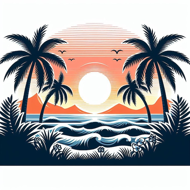 Illustratie Hawaiiaanse zonsondergang met palmbomen witte vaste achtergrond drop schaduw