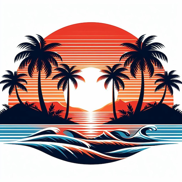 Illustratie Hawaiiaanse zonsondergang met palmbomen witte vaste achtergrond drop schaduw