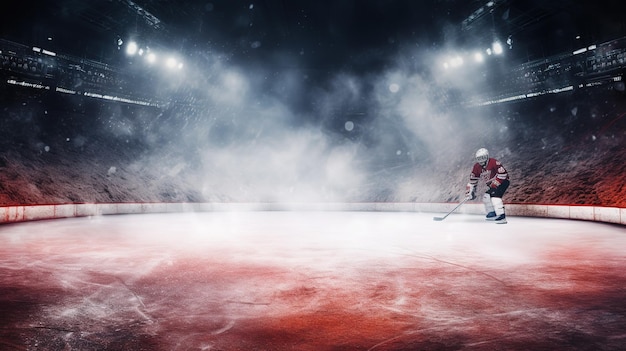 Foto illustratie hockey speler zwarte en rode kleur bewegen op donkere zwarte achtergrond met kopieerruimte ai