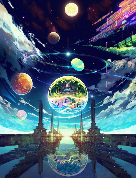 Illustratie in anime-stijl van een futuristische stad met planeten en generatieve ai