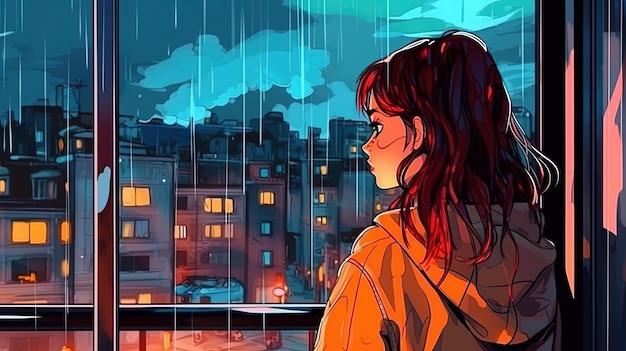 Illustratie in animemanga-stijl van een jonge vrouw die vanuit haar raam naar de regen kijkt