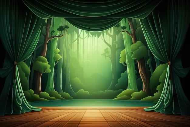 Illustratie in cartoon stijl theater houten podium met groene open gordijnen en planten