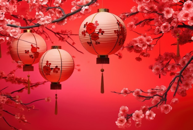 Illustratie in de Chinese stijl van elegante Chinese lantaarns met kersenbloesems op een rode achtergrond Generatieve AI