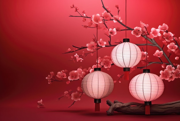 Illustratie in de Chinese stijl van elegante Chinese lantaarns met kersenbloesems op een rode achtergrond Generatieve AI