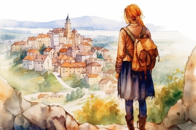 Illustratie in een aquarelstijl Reizend meisje met een rugzak die van de heuvel naar de prachtige stad kijkt Van achteren gezien Generatieve AI