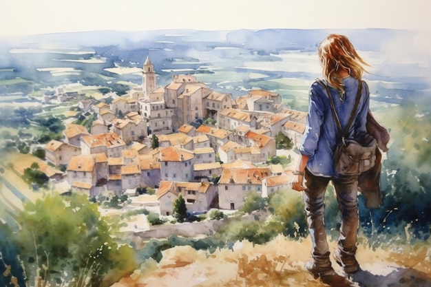 Illustratie in een aquarelstijl Reizende jonge vrouw die vanaf de heuvel neerkijkt op de prachtige stad Van achteren gezien Generatieve AI