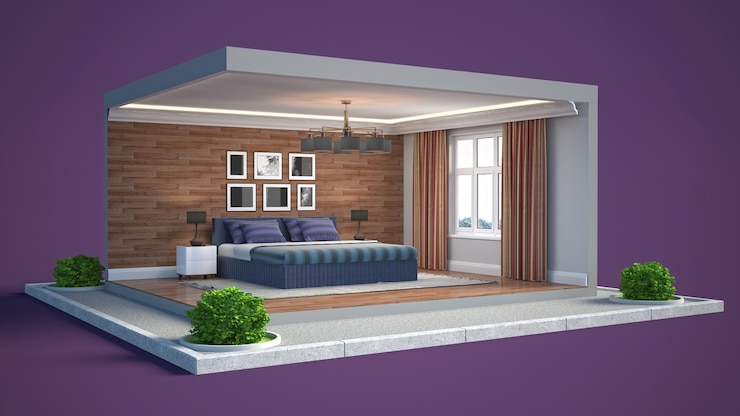 Foto illustratie interieur van de slaapkamer in een doos