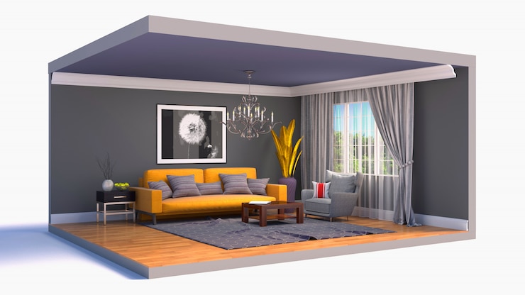 Foto illustratie interieur van de woonkamer in een doos