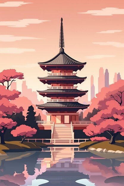 Illustratie Japanse tempel of Aziatische pagode en Fuji-bergen op de achtergrond Generatieve ai