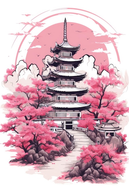 Illustratie Japanse tempel of Aziatische pagode en Fuji-bergen op de achtergrond Generatieve ai