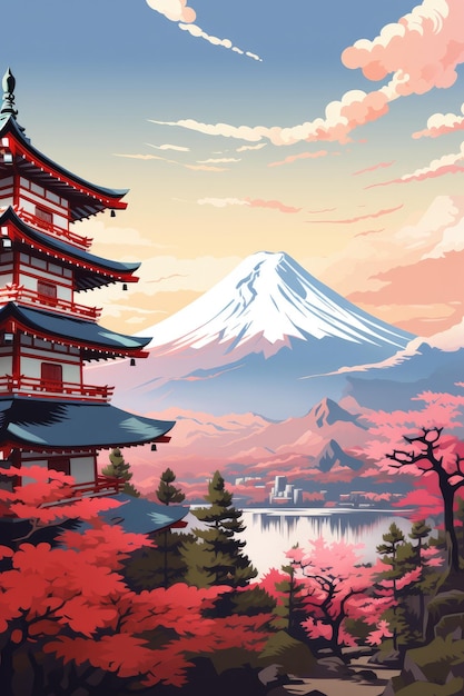 Illustratie Japanse tempel of Chureito pagode en de Fuji-bergen op de achtergrond Generatieve ai
