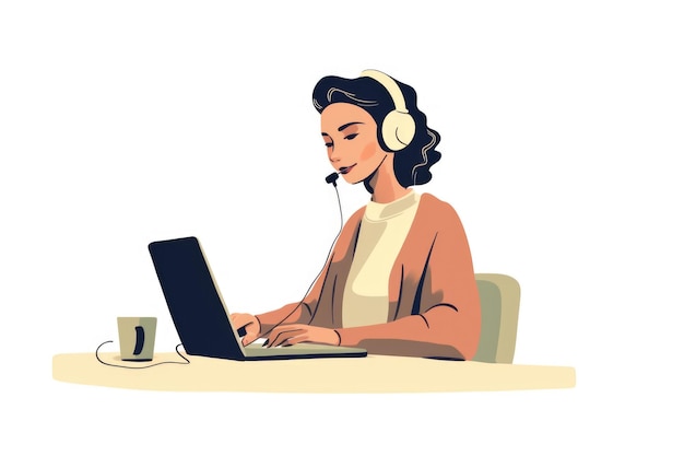 Foto illustratie jonge klantenservicemedewerker die achter een computer werkt minimalistisch op een witte achtergrond generatieve ai