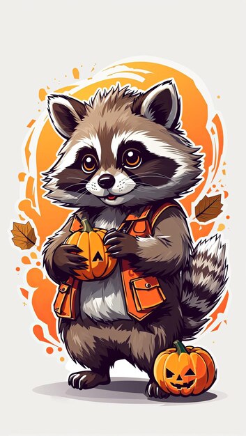 illustratie Kawaii wasbeer spelen met een kleine pompoen Halloween zijaanzicht sticker schone whi