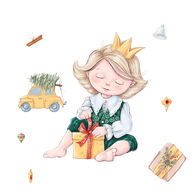 Illustratie Kerstset van kinderen en geschenken