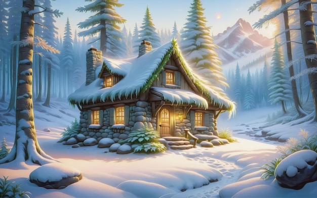 illustratie landschap Fantasiehuis in de winter bos oude stenen hut