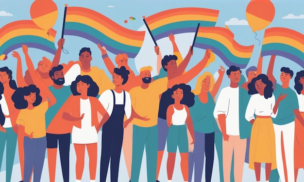 Foto illustratie met de lgbtq-gemeenschap die trots marcheert in een pride-parade met lgbt-regenboogvlaggen