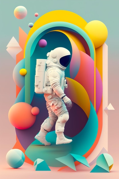 Illustratie met een astronaut in een pak op een achtergrond van kleurrijke 3D-graphics Generatieve ai