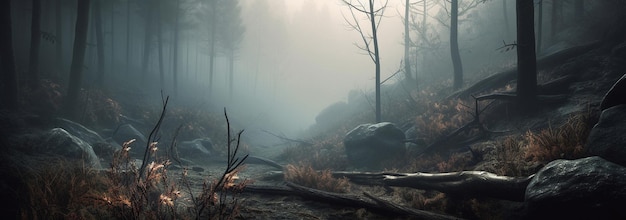 Illustratie met een panorama van een bewolkt bos in mist