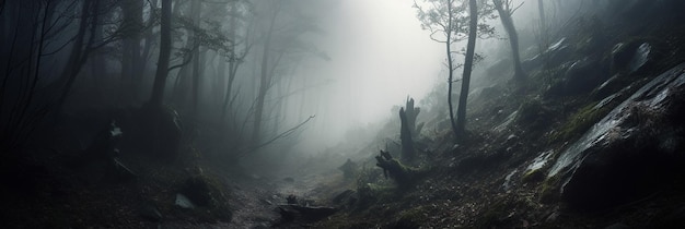 Illustratie met een panorama van een bewolkt bos in mist
