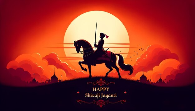 Illustratie met een silhouet van een Indiase krijger Shivaji maharaj op paard bij zonsondergang