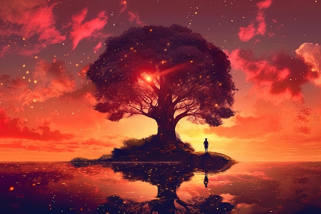 Illustratie met het silhouet van de boom en een persoon die naar de zonsondergang kijkt omringd door water