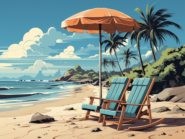Illustratie op een prachtig strand met ligstoelen en palmbomen