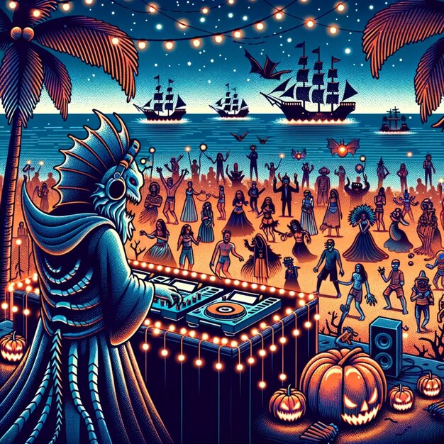 illustratie op het strand met een Halloween kostuum