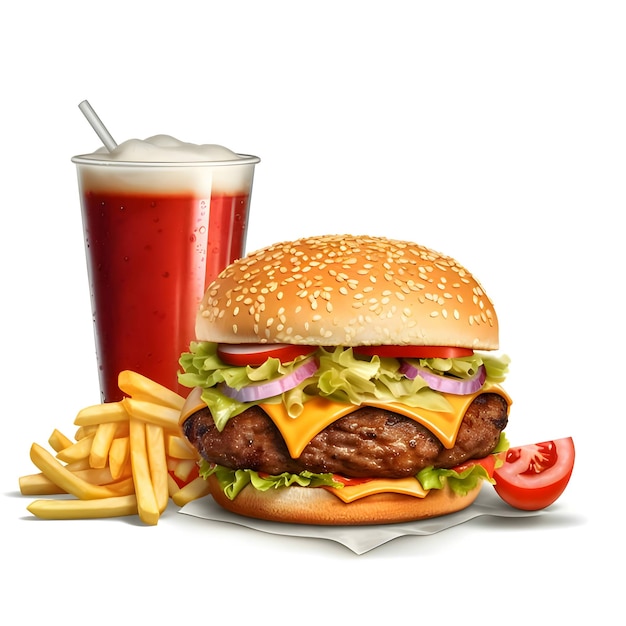Illustratie op witte achtergrond hamburger frietjes en cola