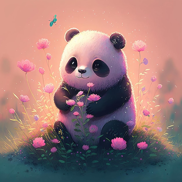 Illustratie panda zittend met bloemen kinderstijl sprookje Generatieve AIxAxA