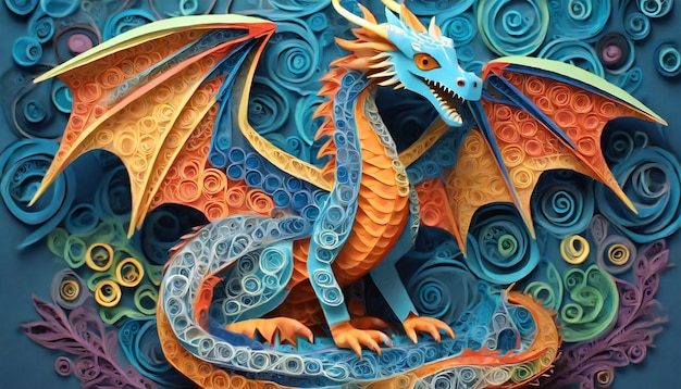 Foto illustratie papier quilling een majestueuze oude fantasie draak zitten