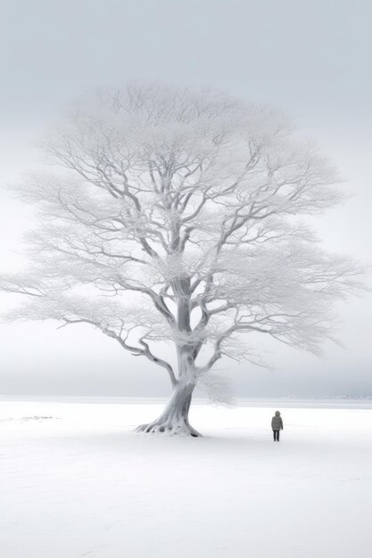 Illustratie prachtig landschap van grote boom en sneeuw winter Gemaakt met generatieve AI-technologie