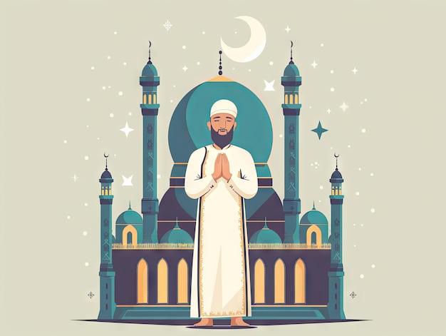 Illustratie Ramadan een moslimman bidt voor de moskee