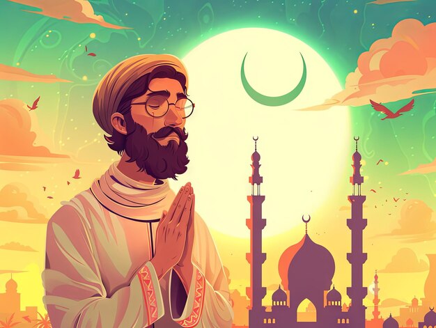 Foto illustratie ramadan een moslimman bidt voor de moskee