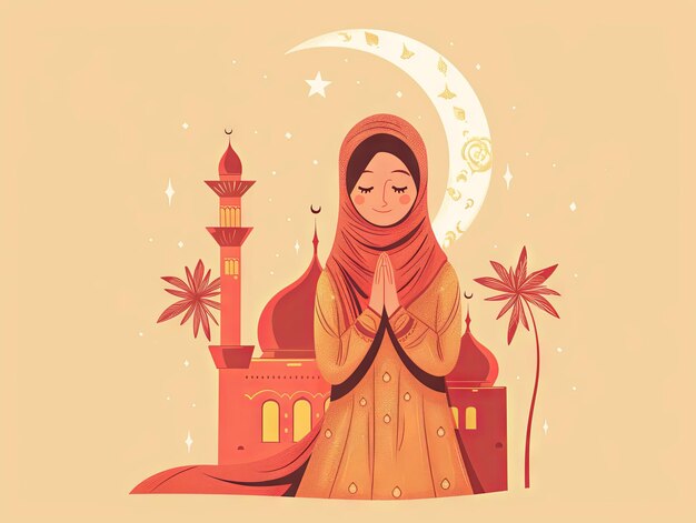 Illustratie Ramadan een moslimvrouw bidt voor de moskee