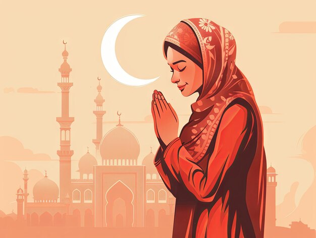 Illustratie Ramadan een moslimvrouw bidt voor de moskee