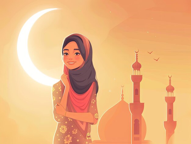 Illustratie Ramadan een moslimvrouw staat voor de moskee