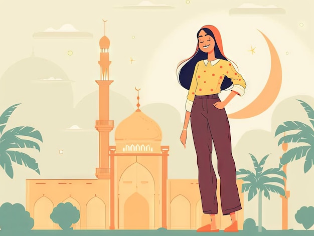 Illustratie Ramadan een moslimvrouw staat voor de moskee