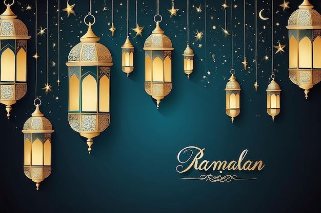 Illustratie Ramadan Kareem achtergrond met lampen Fanoos halve maan en sterren Vector