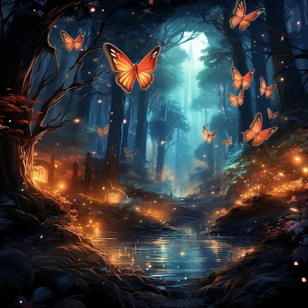 Foto illustratie schilderij met magische gloeiende nacht vlinders in het bos