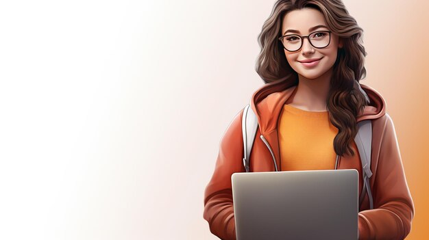 illustratie Stijlvolle brunette vrouw werkt aan een laptop geïsoleerd op een witte achtergrond