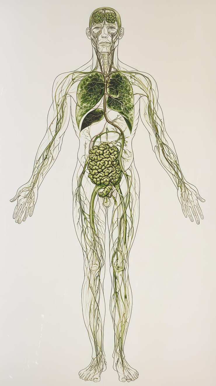 Illustratie toont het lymfesysteem van het menselijk lichaam met ingewikkelde details van het netwerk van bloedvaten en organen Dit kunstwerk benadrukt de onderling verbondenheid van de systemen van het lichaam met de nadruk op het lymfsysteem.