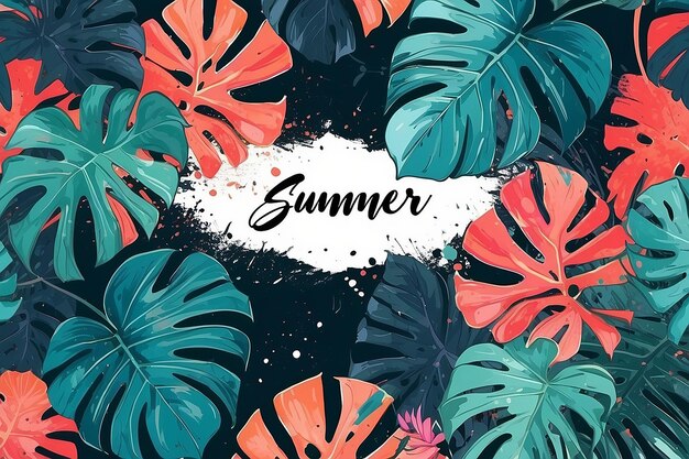 illustratie Tropische bloemrijke zomerfeestposter met monstera palmbadenbladeren