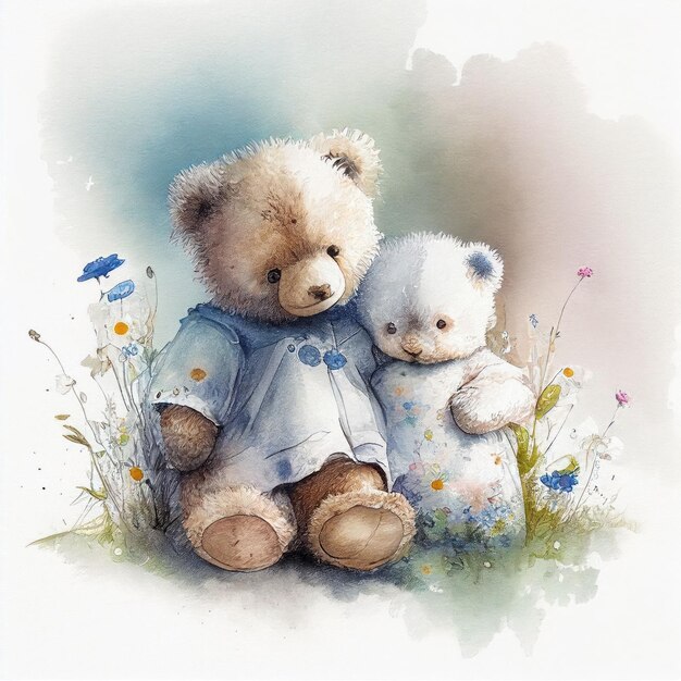Illustratie twee teddyberen die samen zitten in een bloementuin gecreëerd met Generative AI-technologie