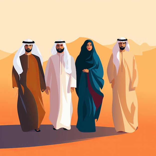 illustratie van 2 Arabische mannen en 2 Arabische vrouwen die een plat ontwerp vieren