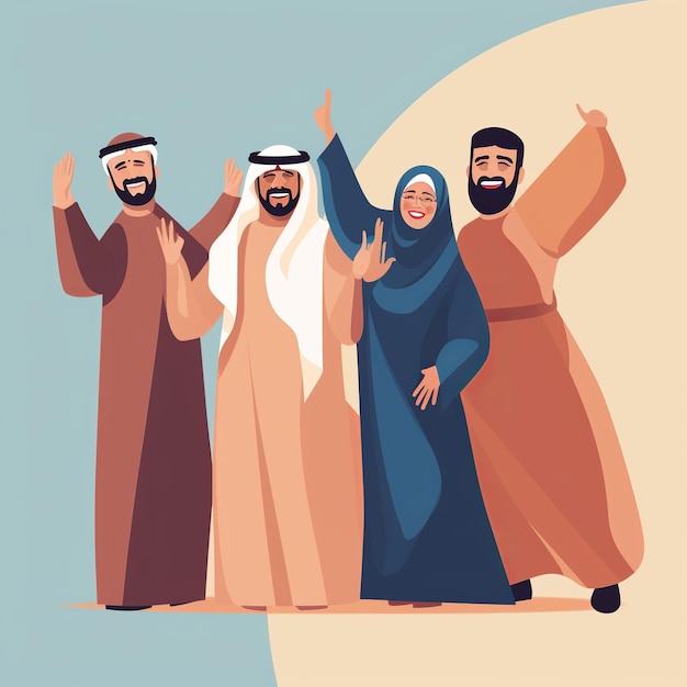 illustratie van 2 Arabische mannen en 2 Arabische vrouwen die een plat ontwerp vieren