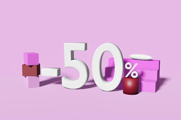 Illustratie van 50 procent korting in 3d render rode kleur met witte achtergrond en kopieer ruimte