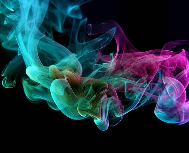 Illustratie van abstracte geuren van veelkleurige doorzichtige rook op zwarte achtergrond Generatief A