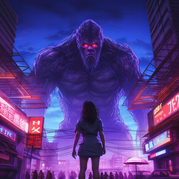 illustratie van Anime-stijl van King Kong verloor de neonstijl van zijn vrouw