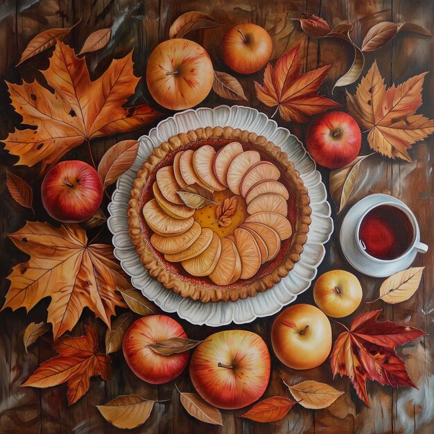 Illustratie van appeltaart op de tafel en herfstbladeren met appels, zicht van boven